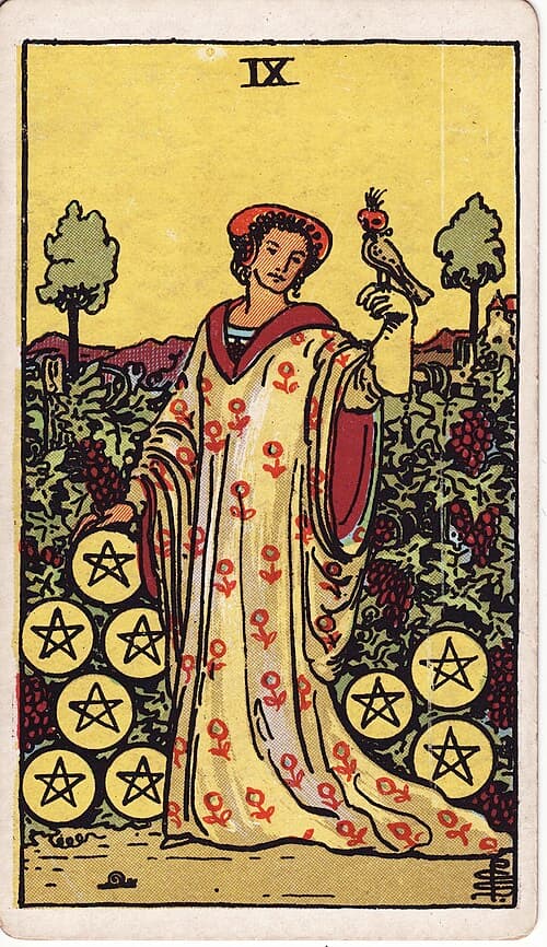 Nine of Pentacles — Rider–Waite–Smith tarot card