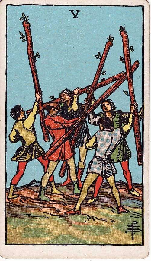Five of Wands — Rider–Waite–Smith tarot card